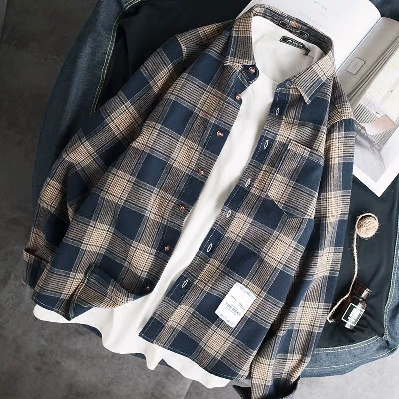 Spring and Autumn Men's shirts, lapels, long sleeves men's jackets and checked shirts: Navy Blue / Asia size S