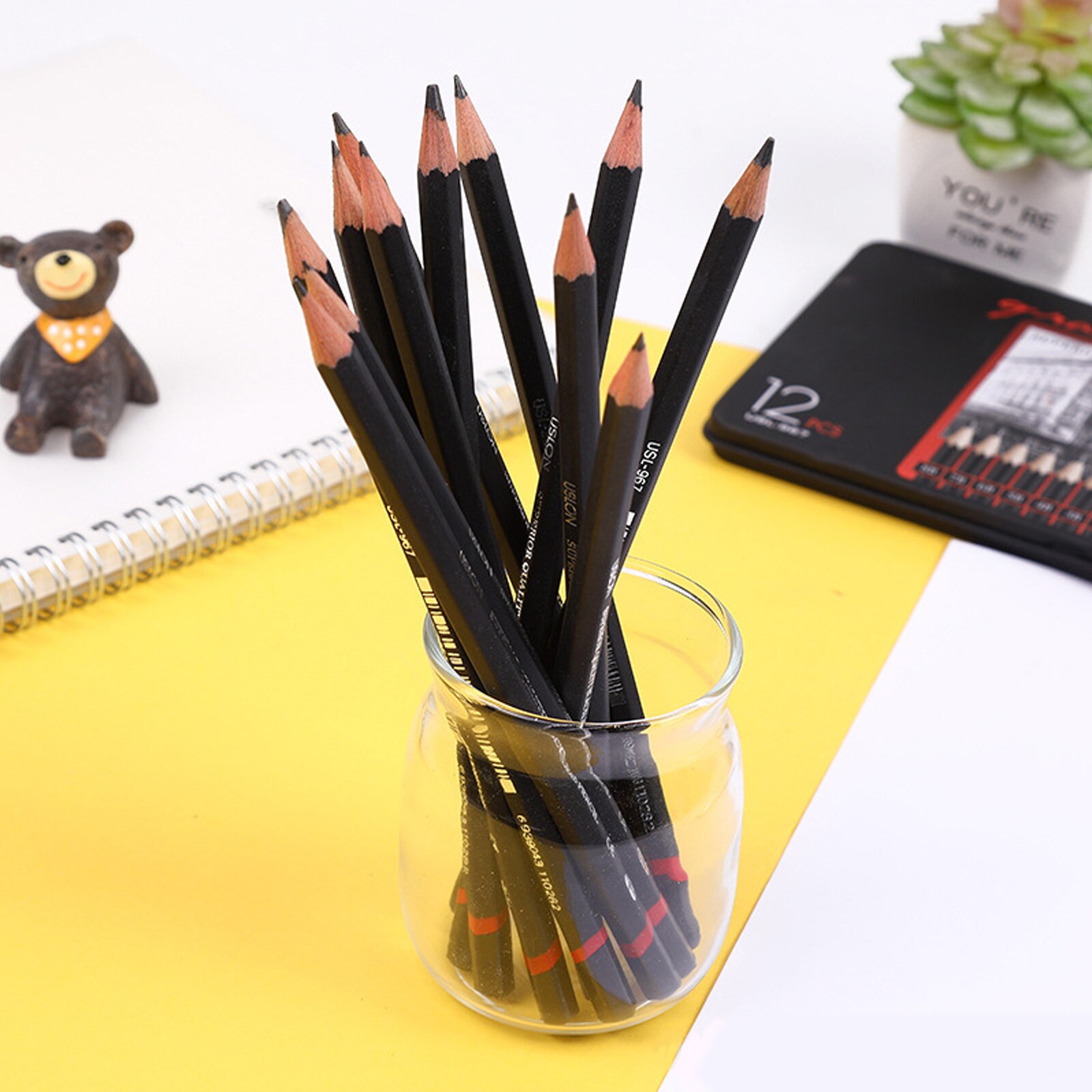 12pcs 2H-8B Wooden Sketch Lead Pencils Smooth Use Drawing Journal Writing Pencils with Metal Storage Box