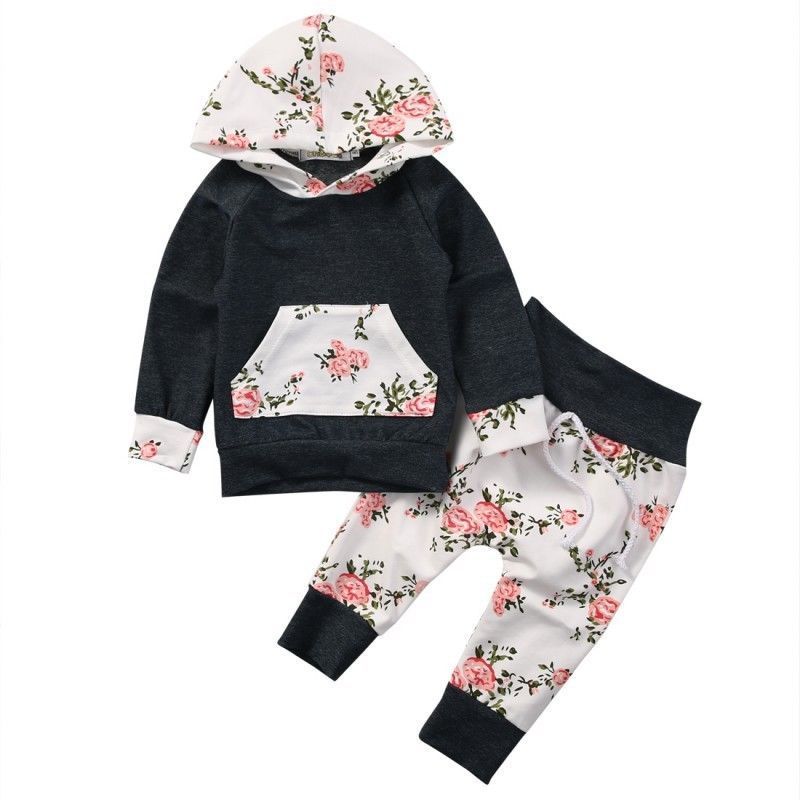 AA Summer Style Baby Clothes Set Newborn Baby Boys Girls Floral Hooded Tops +Long Pants Outfits 2PCS Clothes Set 0-24M