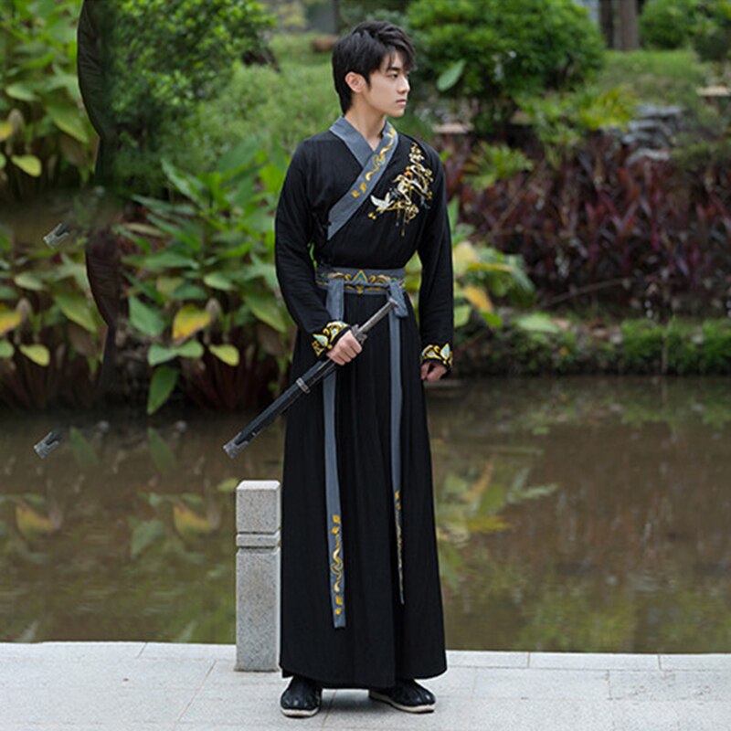 Disfraz de Hanfu Oriental para hombres y mujeres, traje Oriental bordado con falda y espadachín
