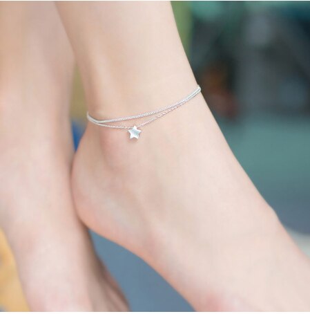 100% 925 Sterling Silver Due Strati Cavigliere Delle Donne A Piedi Nudi Crochet Sandali Fascino Dei Monili Piede Estate Gamba Catena Braccialetto Alla Caviglia: anklets