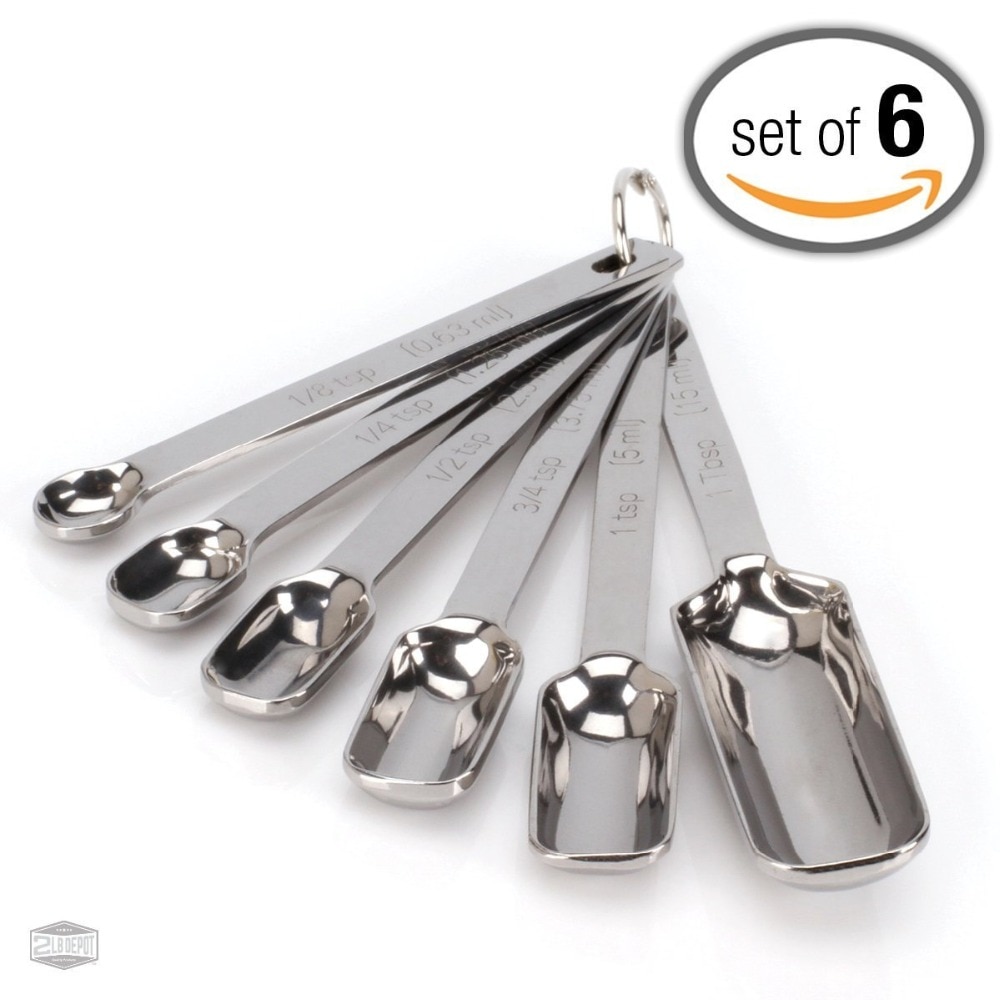 Narrow and Accurate S/6 S/S Measuring Spoons for Thin, Narrow Mouth Spice Jars Commercial Chef's for Baking and Cooking