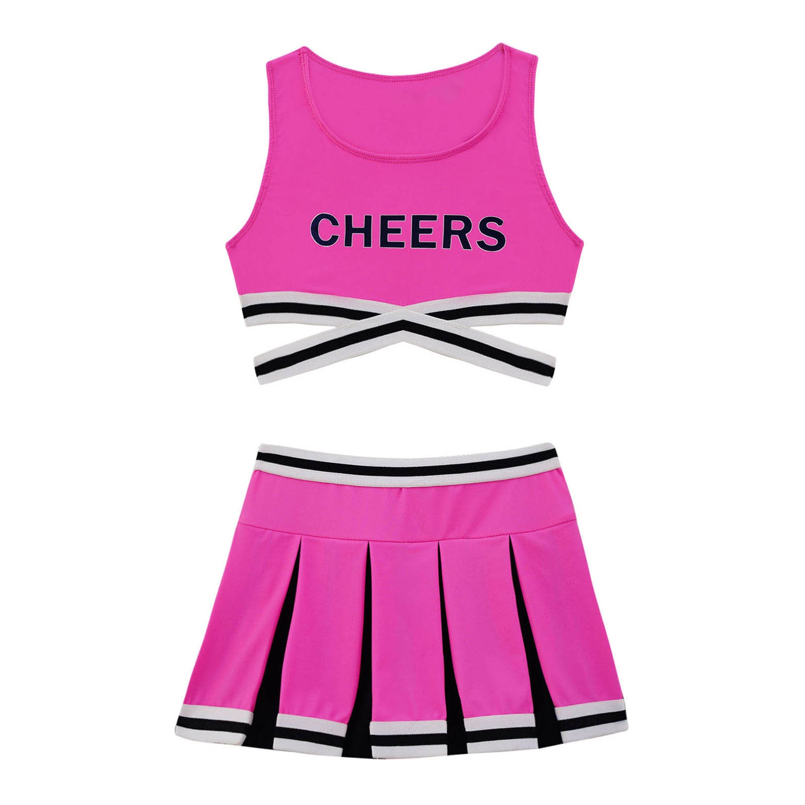 2Pcs Kids Girls Cheerleader Uniform Cheerleading Dance Outfit Sleeveless Cheers Print Crisscross Sash Vest and Pleated Skirt Set: Rose Red / 4