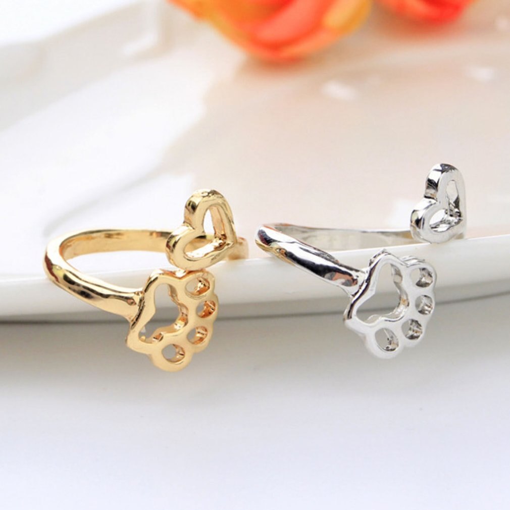 Latest Stylish Adjustable Hollow Metal Alloy Rings Dog Paw Heart Decoration Female Party Night Club Ring Jewelry