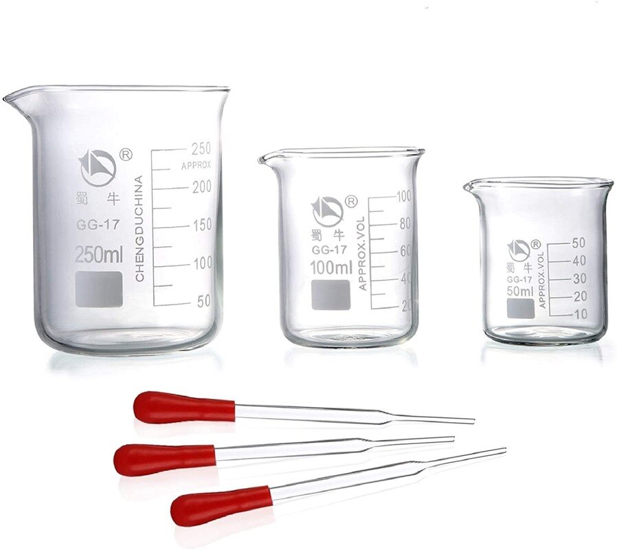 Pak Van 6 Lage Vorm Glas Meten &amp; Glas Droppers Set, 3 250Ml, 100Ml, 50Ml, 3 Glas Droppers Zonder Schalen (3Ml Per )