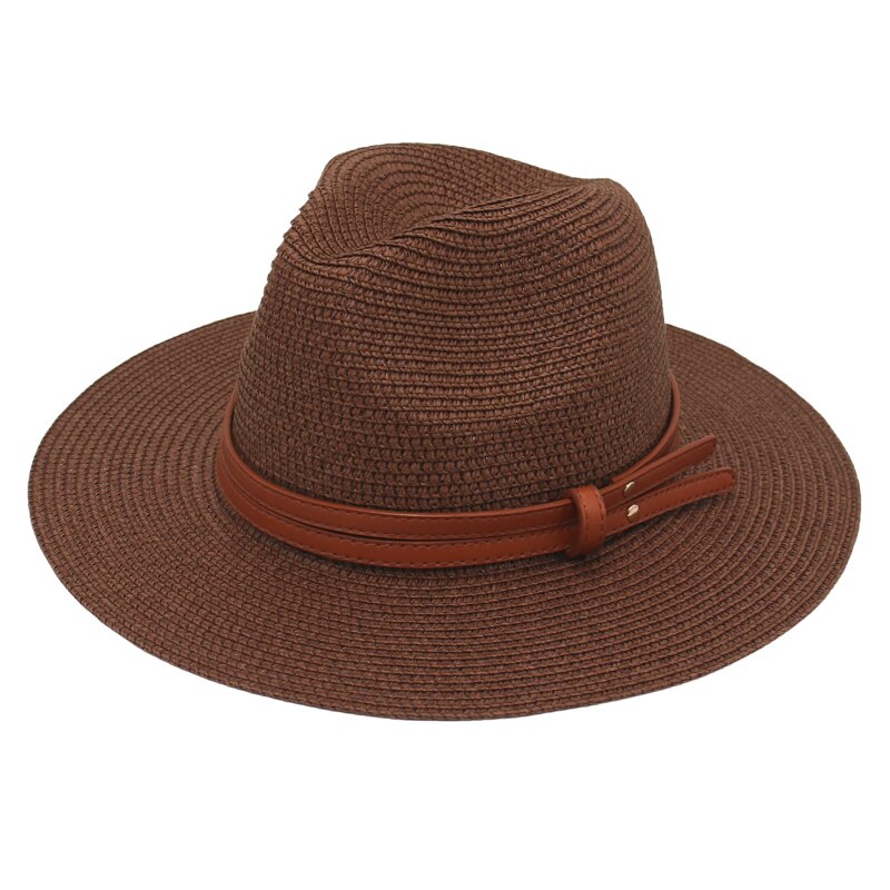 Chapeau d'été en paille pour femmes et hommes, à large bord, solide, Panama, pour la plage, décontracté, fait à la main, Protection UV: coffee