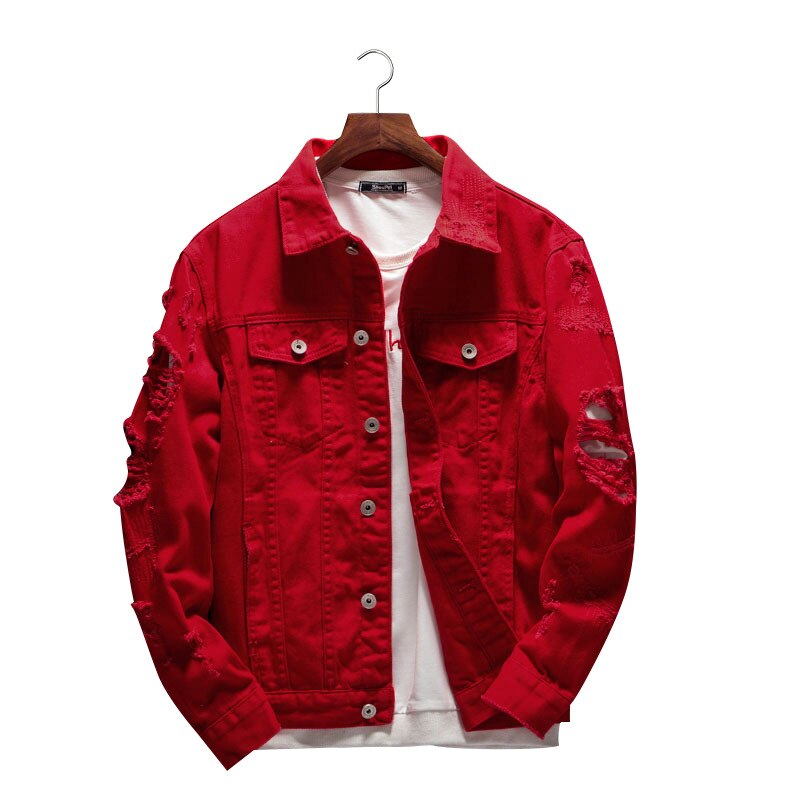 Veste en jean déchiré à revers pour homme, style décontracté, rouge, à la