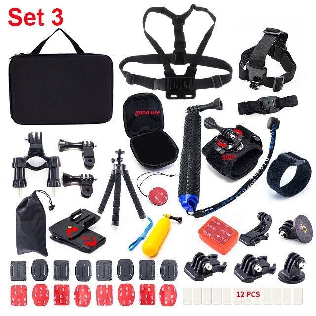 Fästen för gopro tillbehör set för go pro hero 7 svart 6 5 kit 3 -vägs selfie stick för eken  h9r h8r /  för xiaomi yi eva fodral: Uppsättning 3