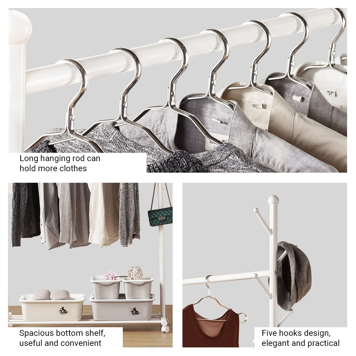 Porte-vêtements tige en acier roulement vêtements porte-vêtement chambre suspendus cintre étagères intégré portemanteau sur roues