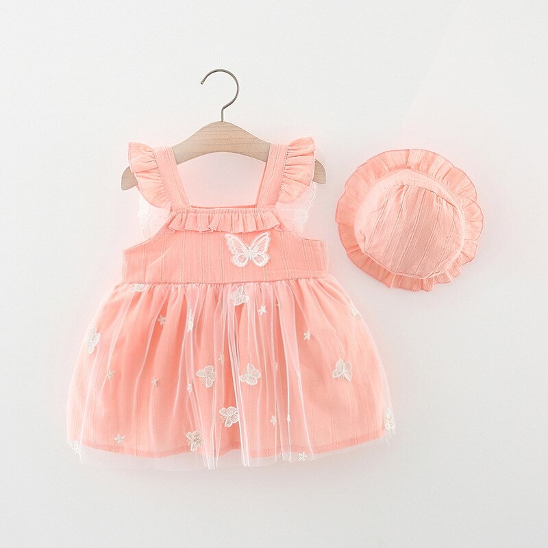 2 pezzi vestiti estivi per bambini 2022 moda coreana maglia senza maniche bambino abito da principessa Sunhat Set di abbigliamento per bambine BC2184: Colore rosa / 8(6-12M)