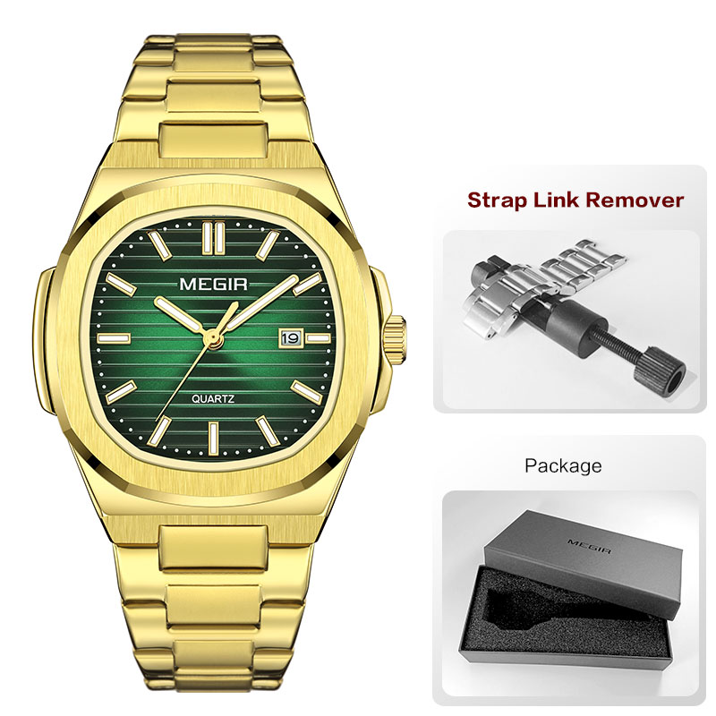 MEGIR Klassische Herren-Kleideruhr mit goldenem Edelstahlband, ovales grünes Zifferblatt, wasserdichte Quarz-Armbanduhr mit leuchtendem Zeiger: verrotten
