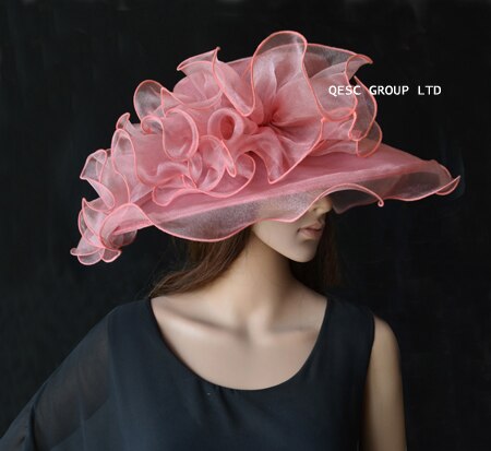 Lime green Wide brim Crystal organza hats church for kentucky derby wedding women's hat races: HEATHER PINK