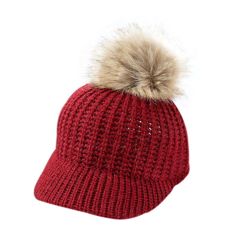 Stickad babymössa pompom vinterkeps för barn justerbar solid baby vintermössa tillbehör barnmössa för 2-5 år 1pc: Vinröd babyhatt