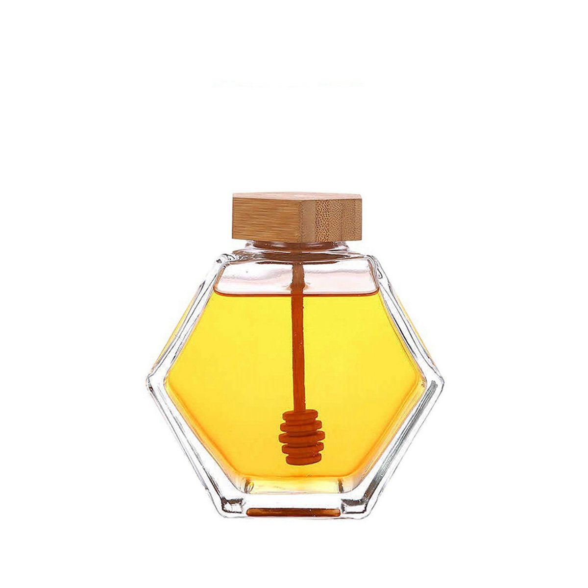 Glass Honey Bottle Hexagonal Transparent with Cork Lid Wooden Stirring Rod Mini Honey Jar for Party Favors: 100ml