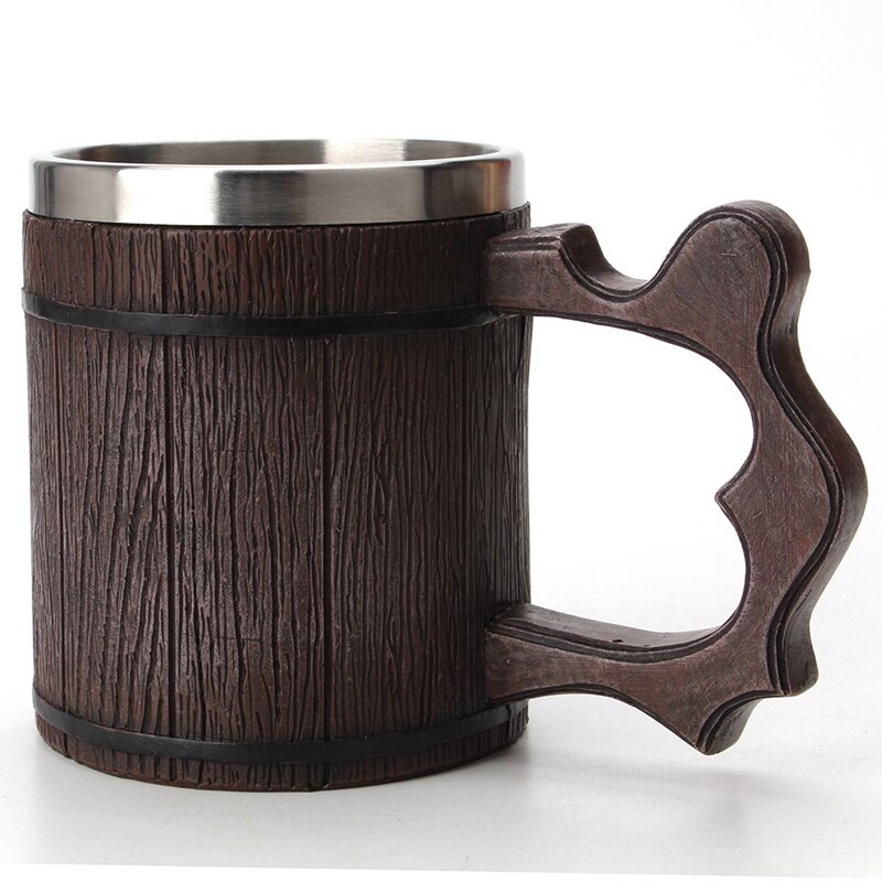 Wood Beer Mug 450Ml Simulation Wooden Barrel Mug Office General Resin Stainless Steel Liner Water Cup