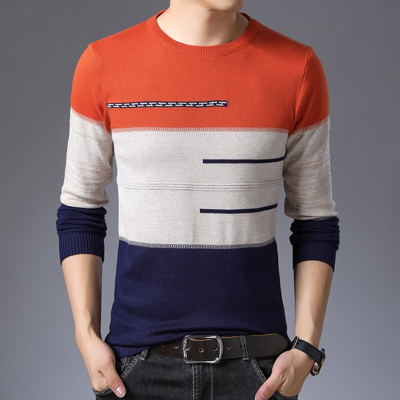 Høst vinter genser herre rund krage stripete bomullsgensere slim fit pull homme strikk 2022