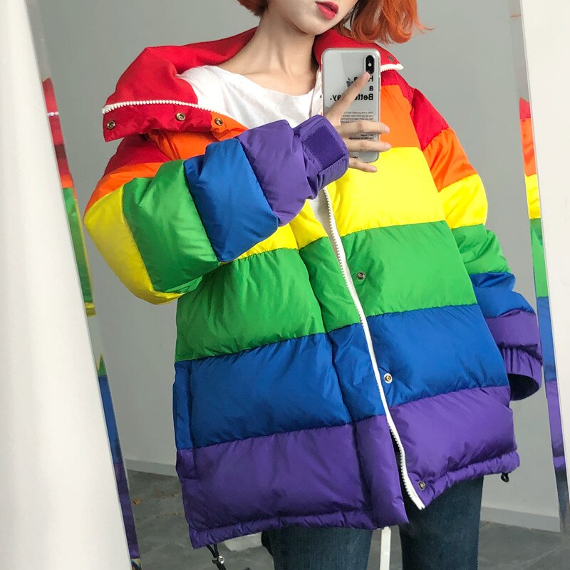 BBSET Harajuku Winter Casual Jacket Women Rainbow Wadded Parka Plus Size Loose Striped Coat Femme Chaqueta Mujer: S