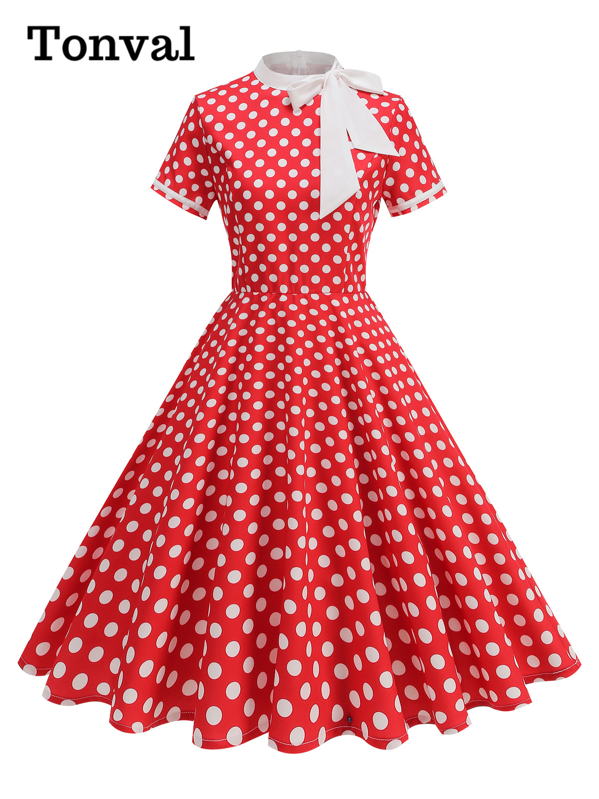 Tonval 1950s vintage fest fødselsdagskjole sommertøj til kvinder sløjfe hals polkaprikket print midi swingkjoler