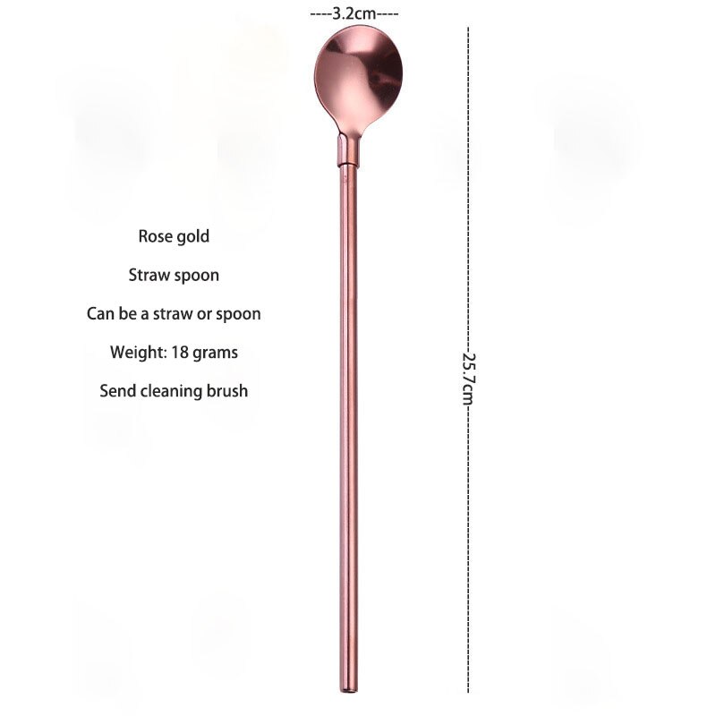 Stainless steel reusable western food straw spoon tableware dualuse dessert soup spoon cola drink straw ice spoon stirring spoon: 25.7cm rose gold