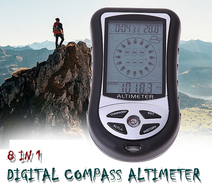 Handheld outdoor werkstations, 8 IN 1 Hoogte meter, vissen barometer, kompas, thermometer en andere functies.