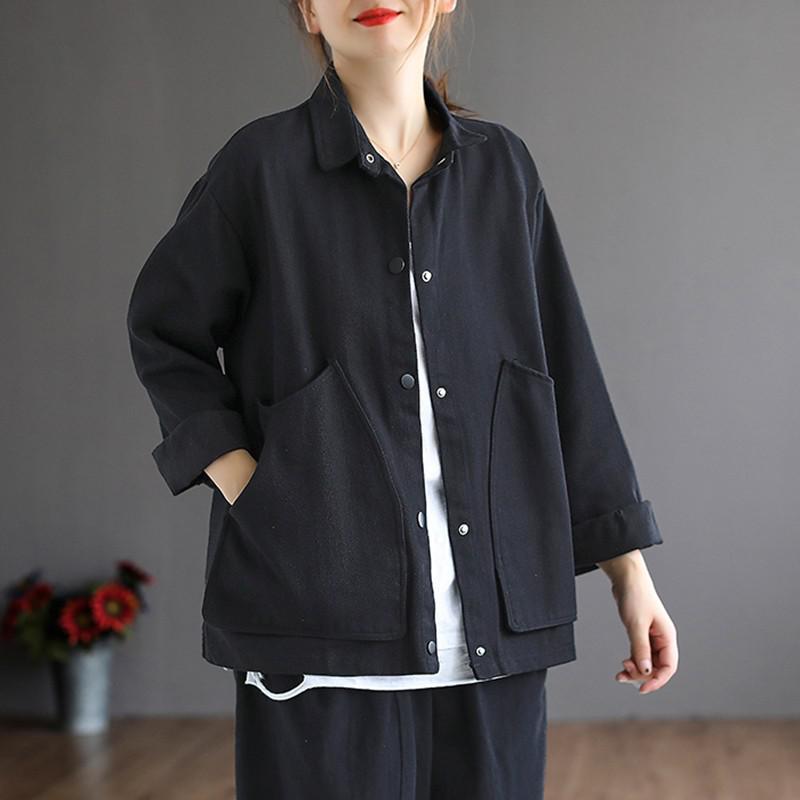Vrouwen Lange Mouw Katoen Casual Jassen Herfst Vintage Stijl Turn-Down Kraag Losse Vrouwelijke Bovenkleding Jassen B1115: Xxl / Black