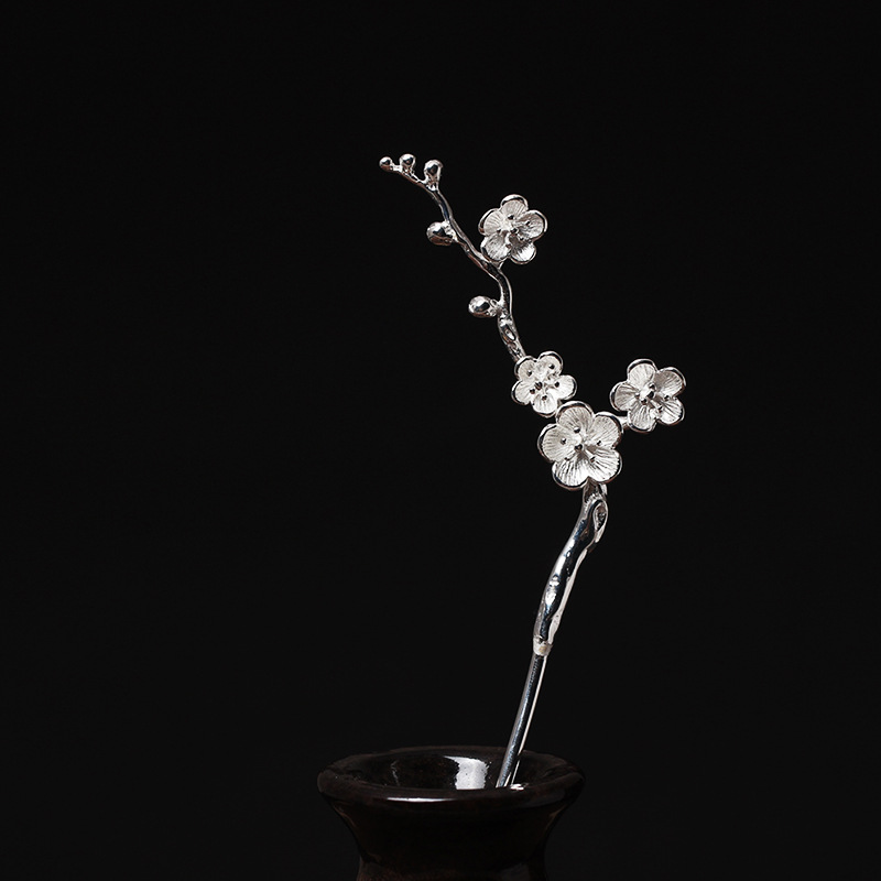 Real S925 Sterling Zilver Klassieke Een Pruimenbloesem Haar Steekt Bloem Haarspeld Voor Vrouwen Handgemaakte Fijne Sieraden