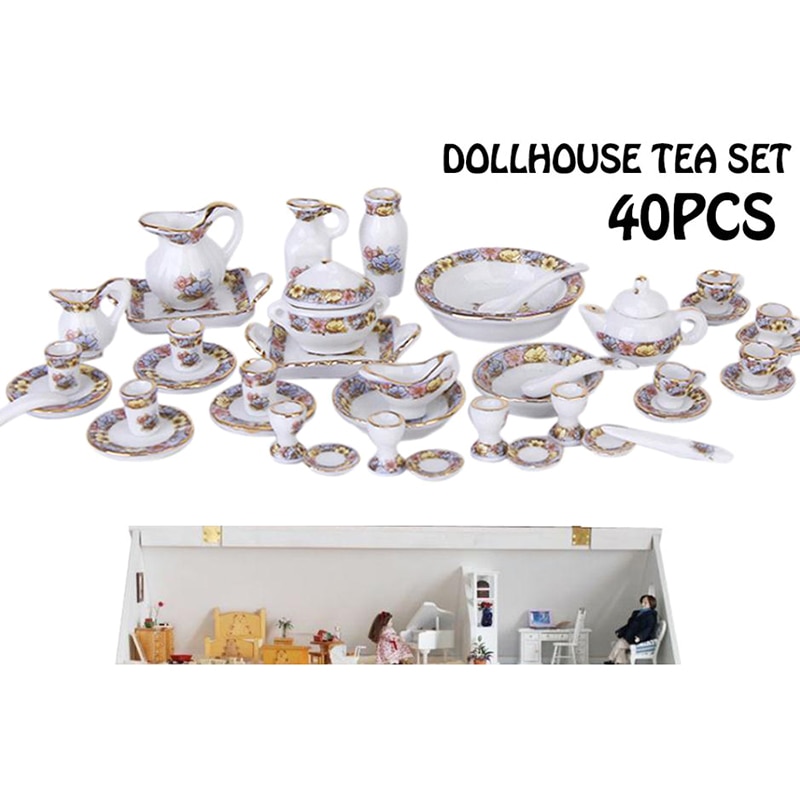 40Pcs 1:12 Dollhouse Miniature Tableware Porcelain Ceramic Tea Cup Dishes Set