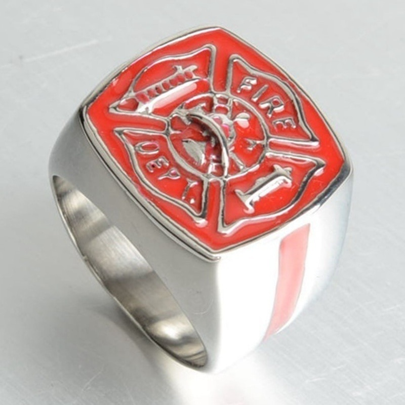 Bague de pompier américain pour hommes, anneau en métal plaqué argent, accessoires bijoux de fête, nouvelle tendance: 7 / red