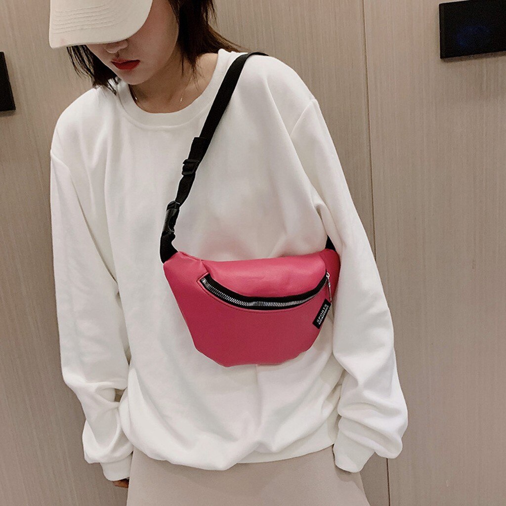 Womens Waist Bag Fanny Pack Solid PU Bag Belt Purse Chains Female Zipper Small Purse Phone Key Pouch Chest Bag