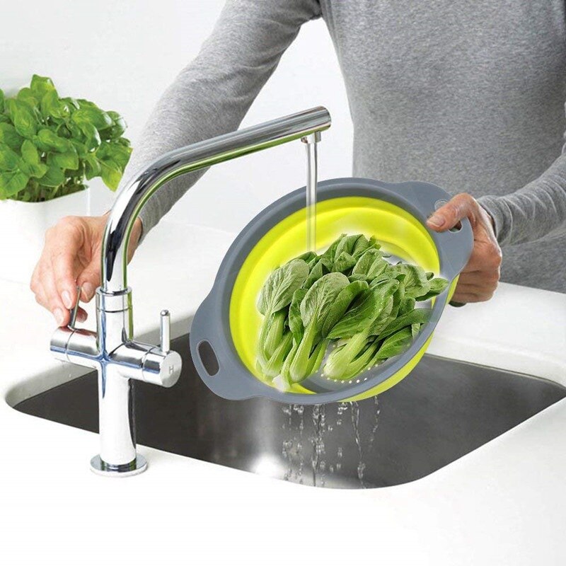 Juego de coladores plegables de silicona de grado alimenticio, colador de cesta de lavado de frutas y verduras, escurridor plegable de cocina, 2 uds.