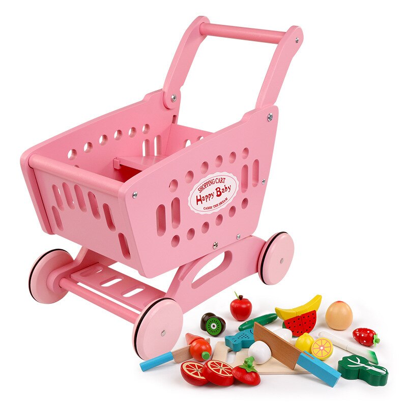 Chariot de courses en bois, maison de jeu pour jardins d'enfants, étagères de supermarché, apprentissage précoce et enfants, jeux de rôle, achats: Pink