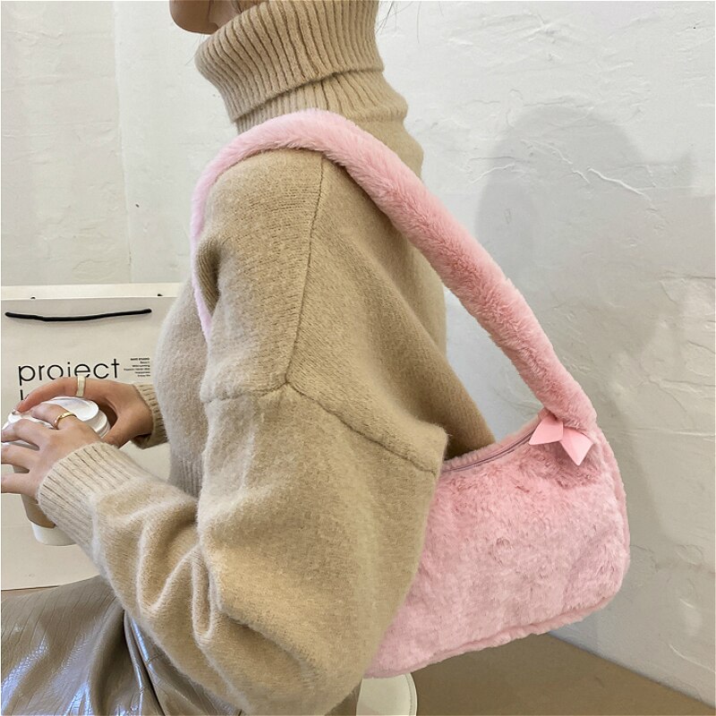 Imitatiebont handtassen damestassen winter zachte pluche dames baguette okseltas modieuze handtassen meisjes schoudertassen