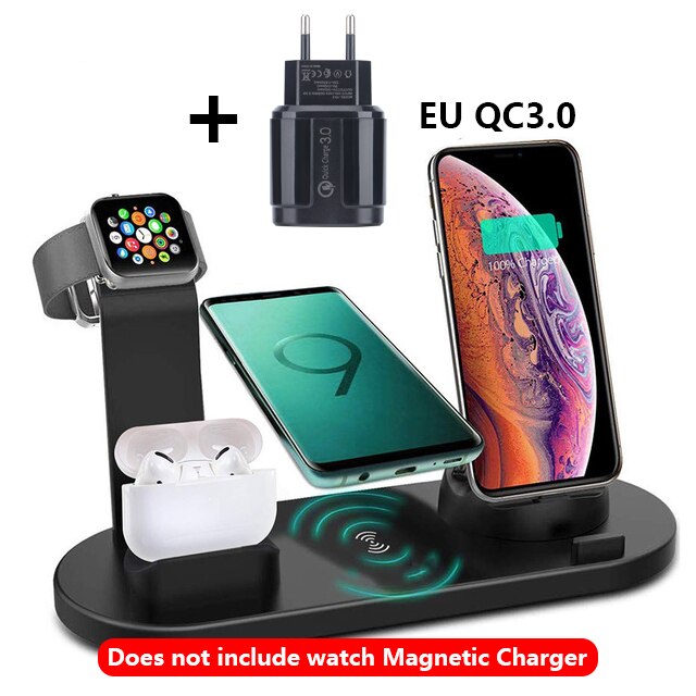 6 in 1 kabellos aufladen Pad Stehen Für Apfel Uhr 5 4 3 2 1 iPhone 11 X XS XR 8 Airpods Profi 10W Qi Schnelle Ladegerät Dock Bahnhof: kabellos Schwarz EU