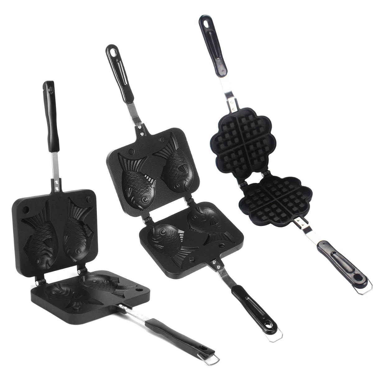 Taiyaki-Molde de fundición antiadherente japonés con forma de corazón en forma de pez, utensilios para hornear, gofres, Pan, pasteles, tortitas, cocina casera, 2 caras