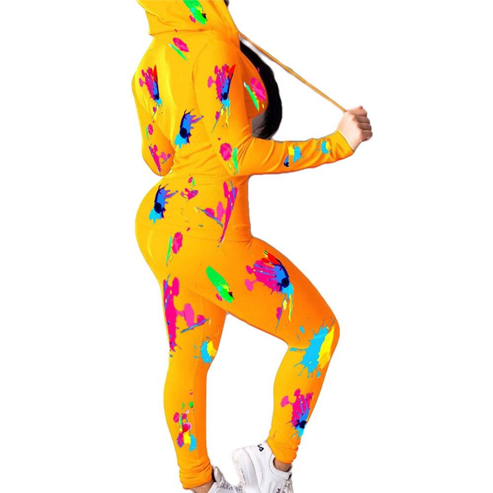 2Pcs Vrouwen Herfst Outfit, multicolor Afdrukken Lange Mouwen Rits Open Hoodie + Elastische Taille Broek Pak Voor Dames