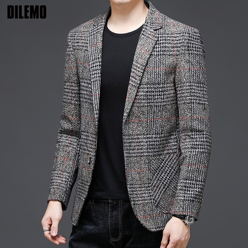 Top Grade Style Classic Brand Casual Slim Fit Men Suits Tweed Jacket Business Plaid Blazer Coats Mens Clothes