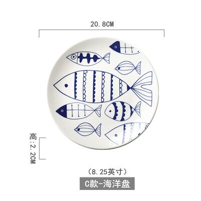 Blå og hvid keramisk salattallerken frugtbøf tallerken porcelænsservice rund western madbakke dessertretter: 2