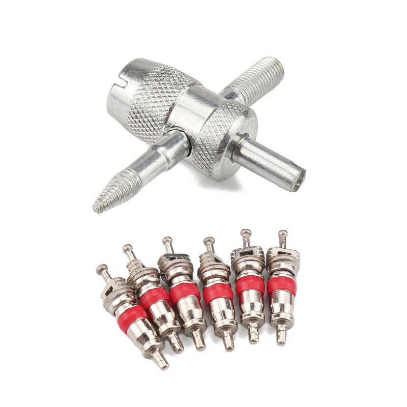 Car Truck Motorcycle Valve core Auto Replacement Parts Four-in-one Valve Tool with 6 Brass Valve Cores Fit for All Vehicle: Default Title