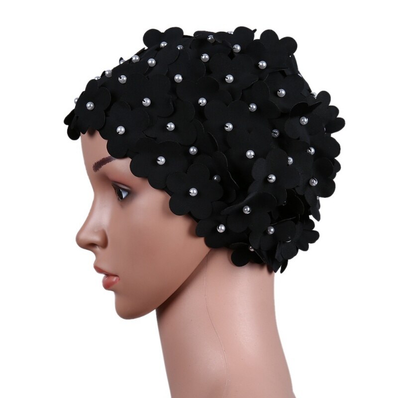 Handgemaakte zwemsportmuts dames parel gestikte bloemen bloemen elastische ademende strandmuts badmuts sportkleding lang haar