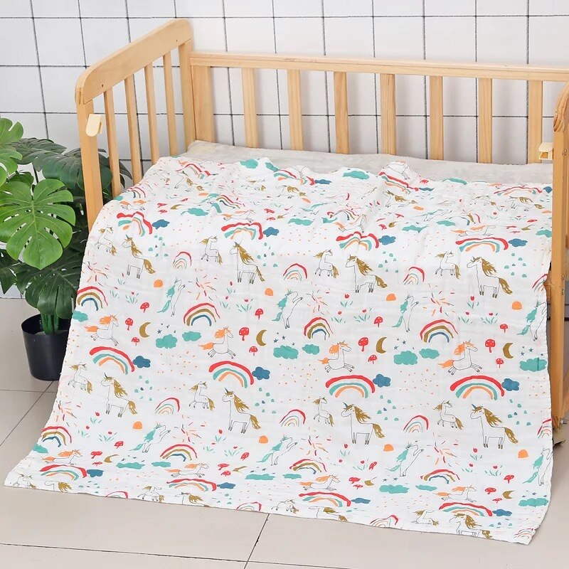Baby tæppe & indpakning blødt badehåndklæde baby sengetøj sæt bomuld spædbarn wrap tæppe 6 lag gaze: Regnbuehest
