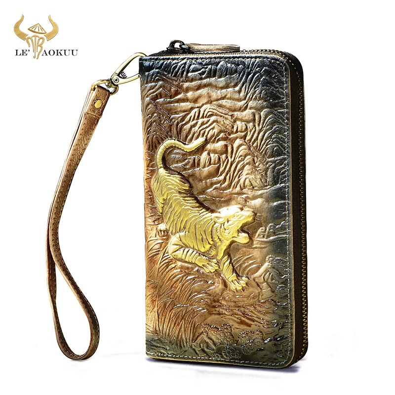 Luxury Brand Male leather Card Holder Checkbook Zipper Around Organizer Wallet Purse Clutch Handbag 1016: c-coffee-tiger