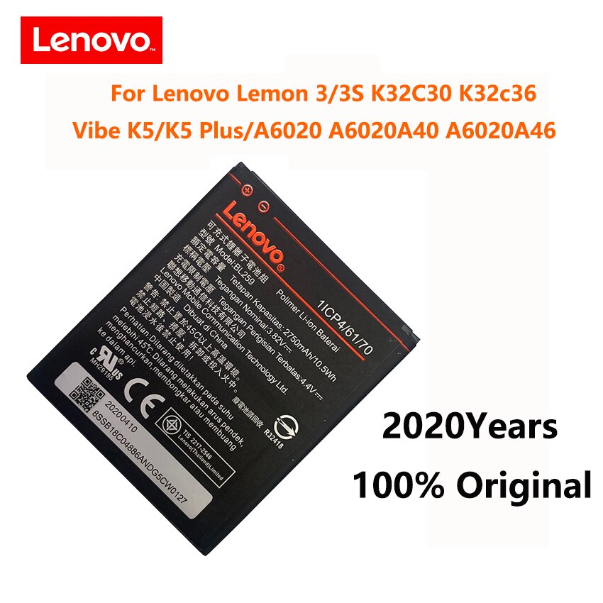 100% Original BL259 2750mAh Batterie Pour Lenovo Vibe K5 / K5 Plus A6020 A6020A40 A6020A46 Citron 3 3S Batteries de Téléphone Bateria