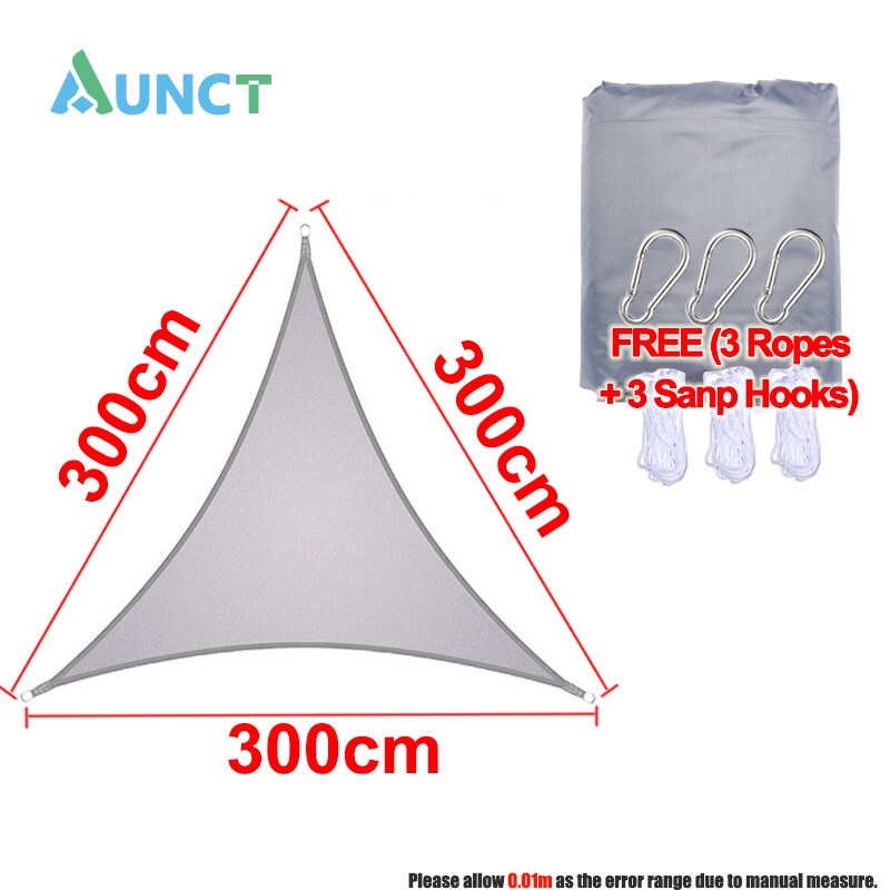 Aunct 3x3x3M Triangle Gray 300D Awnings Outdoor Waterproof Shade Sail Oxford Fabric Sun shade gazebo garden swimming Hiking YARD: 3x3x3m-3ropes-3hooks