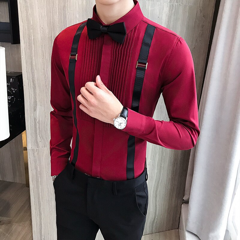 Camisa de esmoquin para hombre, camisa con lazo en el pecho plisado con correa, manga larga, vestido de ajustado, blusa negra