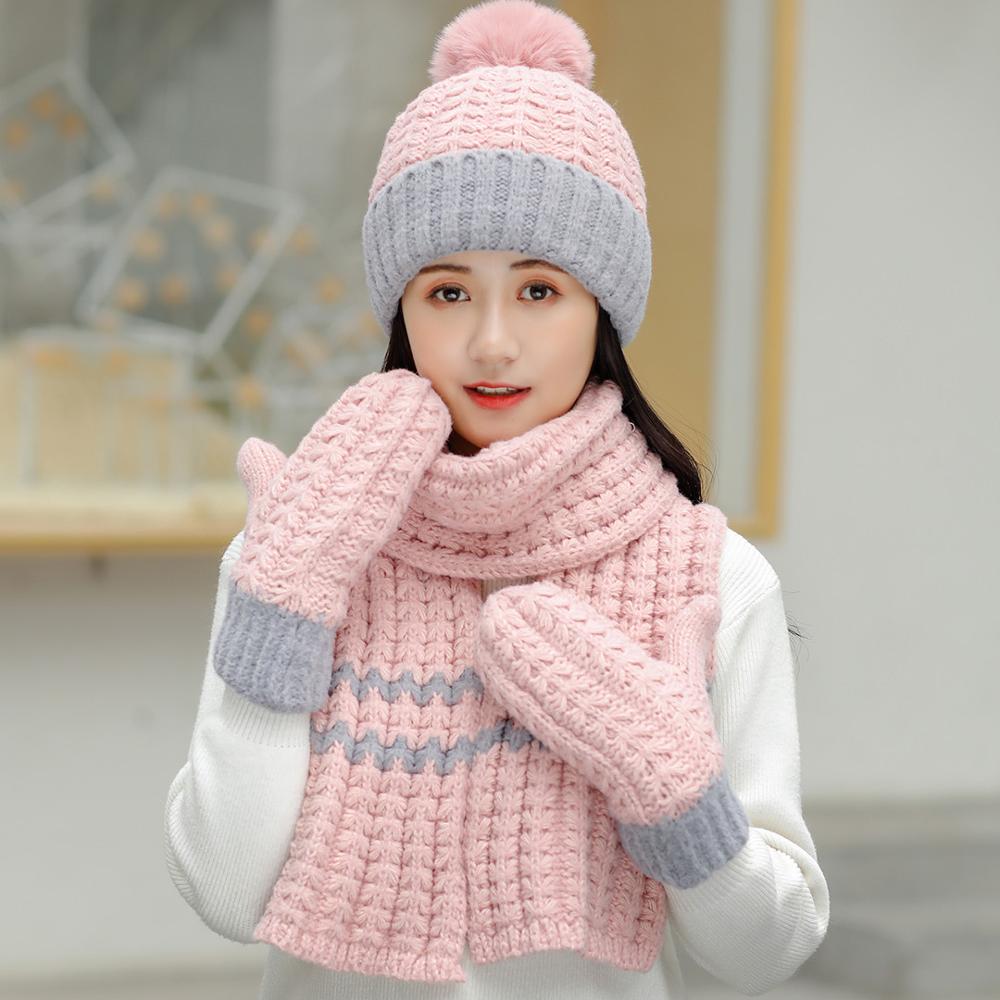 Winter Women's hat and scarf gloves three pieces Girl 'S Hat Wool Hat Beaine Female Cap and scarves Gloves set pink Color: pink