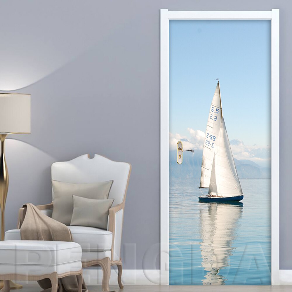 3d tryck klistermärke konstverk segelbåt havsutsikt bild självhäftande dekal heminredning vattentätt papper vardagsrumsdörr affisch: Dörr xjnn 5789-01 / 95 x 215cm