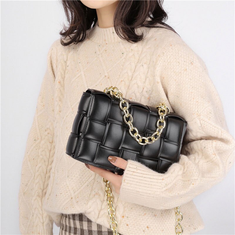 Weave Flap Women Shoulder Bag Solid Color PU Leather Crossbody Bags Female Messenger Handbag Purse