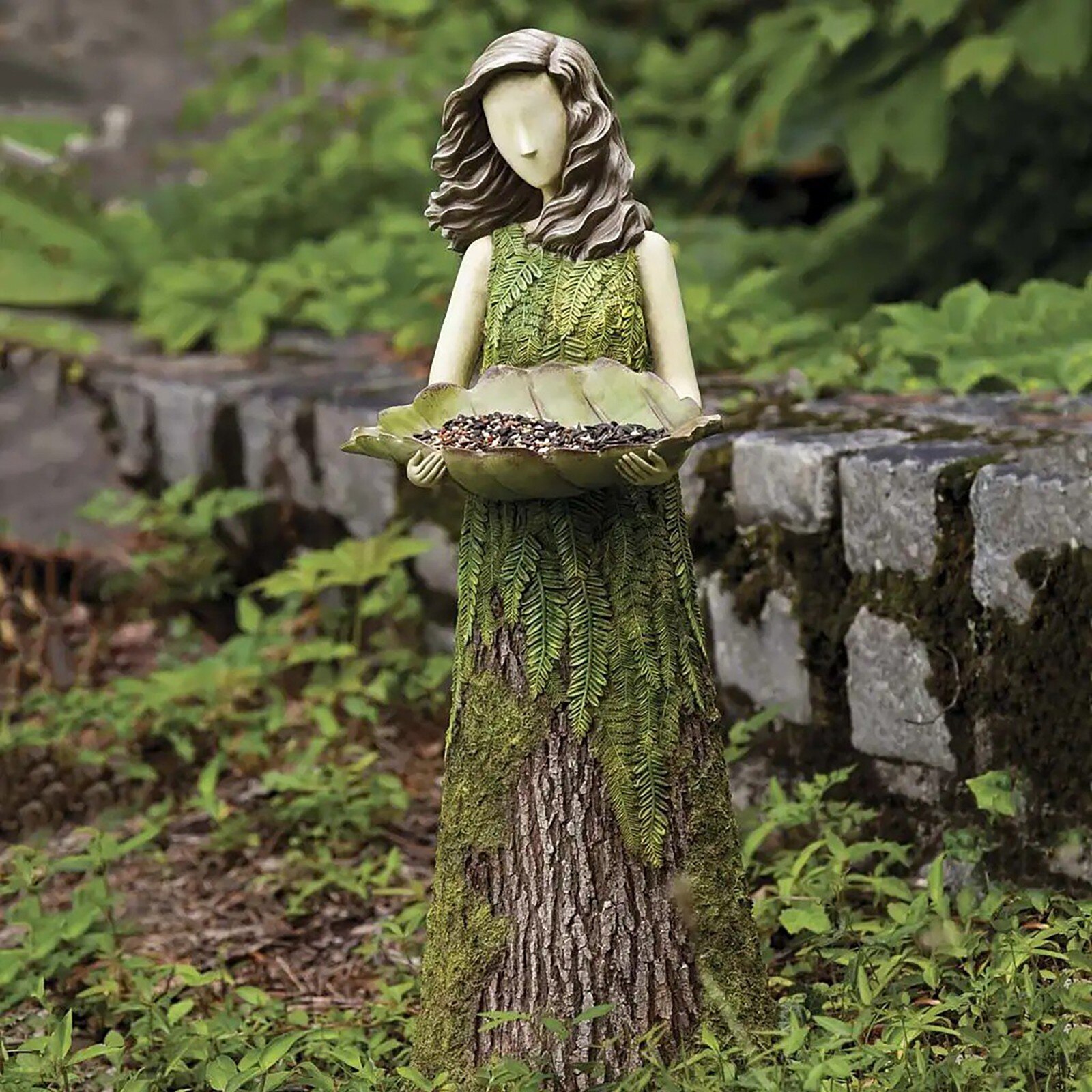Sherwood Fern Fairy Statuary with Bird Feeder Resin Ornament Outdoor Garden Decoration Crafts Statue Woman Beauty Sculptures
