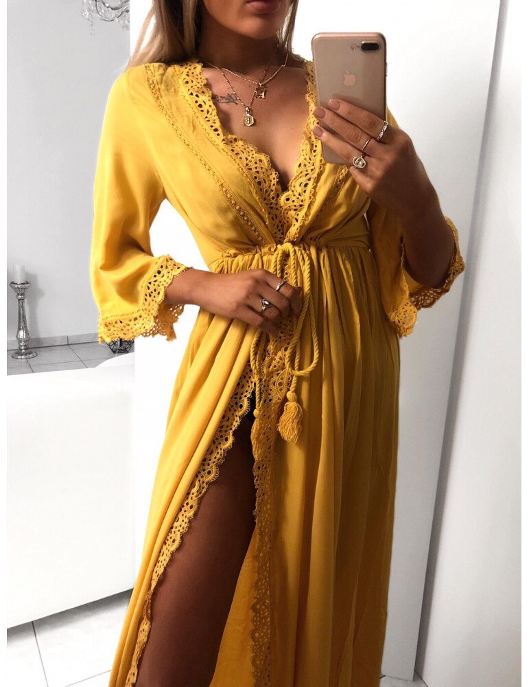 Lång dräkt dam strand kofta klänning mjuk sexig ihålig spets knyta midja slim fit casual lös sommarklänning maxi kvinnlig: Gul / S