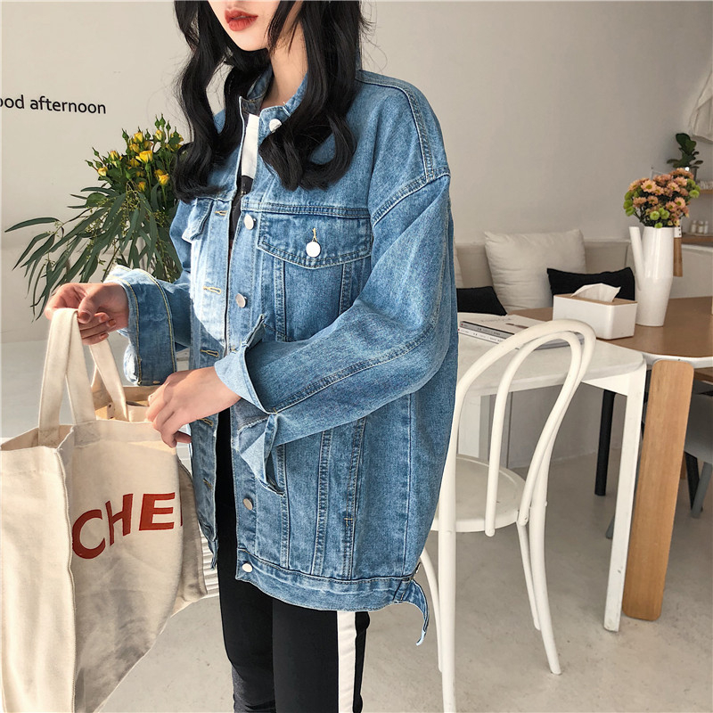 Rugod effen spijkerjas met omslagkraag voor dames, los, casual, blauw, modieuze damesjassen, dameskleding, denim, vrouwelijk